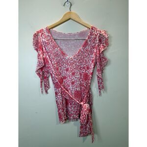 Vintage Y2K Weston Wear Women's Size Small Pink Floral Blouse Top V Neck